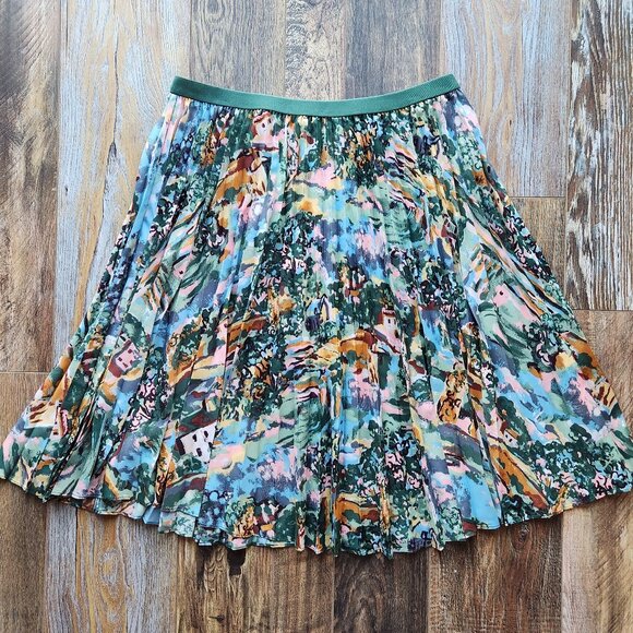 Cath Kidston London Pleated Midi Skirt Pull-On Elastic-Waist Multi Scenic - Picture 1 of 11
